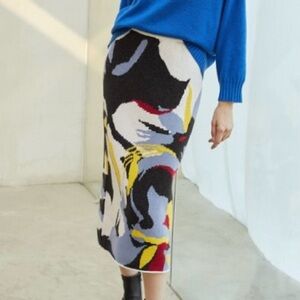 MOTF Wool-mix Abstract Patterned Knit Midi Skirt size Large